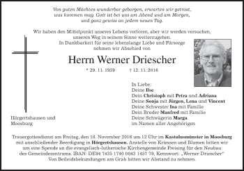 Todesanzeige von Werner Driescher von merkurtz