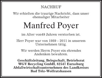 Todesanzeige von Manfred Poyer von merkurtz
