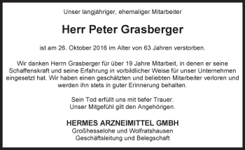 Todesanzeige von Peter Grasberger von merkurtz