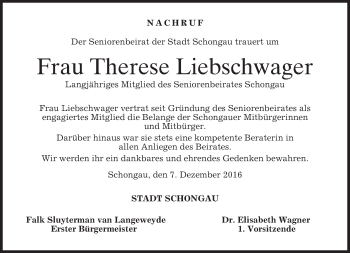 Todesanzeige von Therese Liebschwager von merkurtz