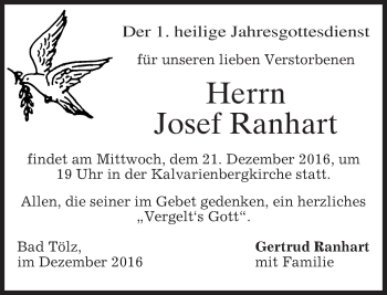 Todesanzeige von Josef Ranhart von merkurtz