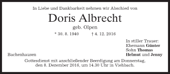 Todesanzeige von Doris Albrecht von merkurtz