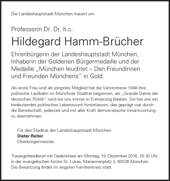 Todesanzeige von Hildegard Hamm-Brücher von merkurtz