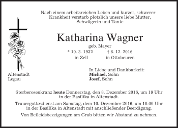 Todesanzeige von Katharina Wagner von merkurtz