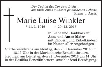 Todesanzeige von Marie Luise Winkler von merkurtz