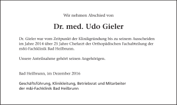 Todesanzeige von Udo Gieler von merkurtz