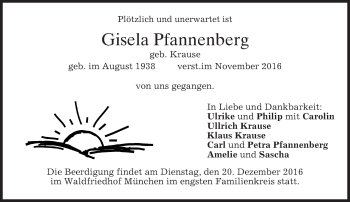 Todesanzeige von Gisela Pfannenberg von merkurtz