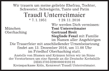 Todesanzeige von Traudl Unterreitmaier von merkurtz