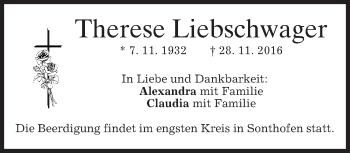 Todesanzeige von Therese Liebschwager von merkurtz