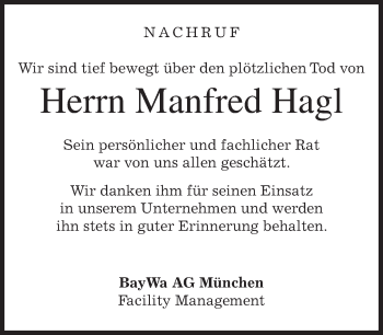 Todesanzeige von Manfred Hagl von merkurtz
