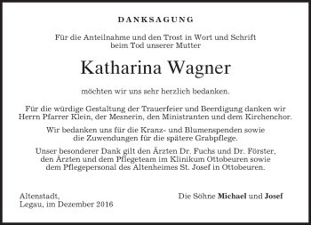 Todesanzeige von Katharina Wagner von merkurtz