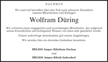 Todesanzeige von Wolfram Düring von merkurtz