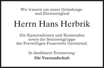Todesanzeige von Hans Herbrik von merkurtz