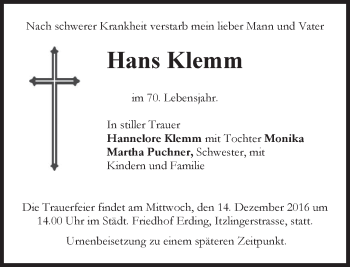 Todesanzeige von Hans Klemm von merkurtz