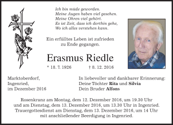 Todesanzeige von Erasmus Riedle von merkurtz