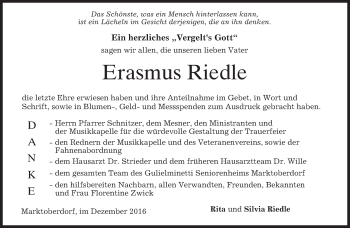Todesanzeige von Erasmus Riedle von merkurtz