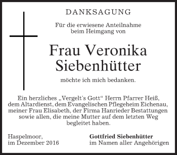 Todesanzeige von Veronika Siebenhütter von merkurtz
