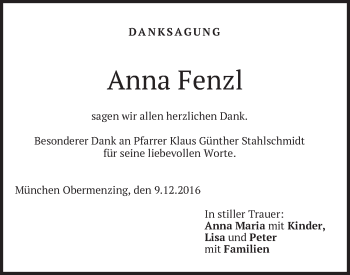 Todesanzeige von Anna Fenzl von merkurtz