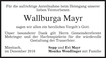 Todesanzeige von Wallburga Mayr von merkurtz