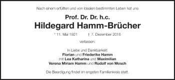 Todesanzeige von Hildegard Hamm-Brücher von merkurtz