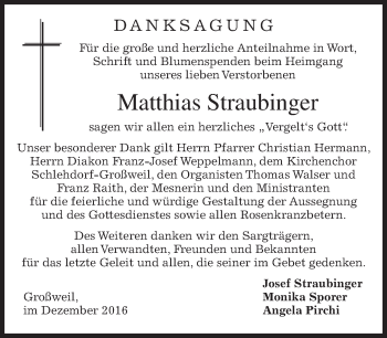 Todesanzeige von Matthias Straubinger von merkurtz