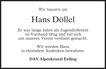Todesanzeige von Hans Döllel von merkurtz