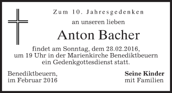 Todesanzeige von Anton Bacher von merkurtz