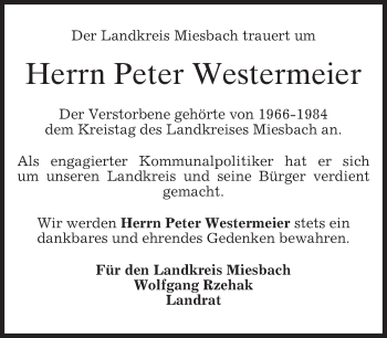Todesanzeige von Peter Westermeier von merkurtz