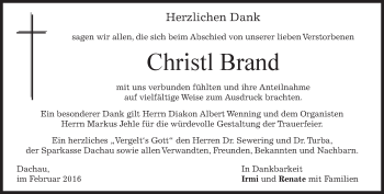 Todesanzeige von Christl Brand von merkurtz