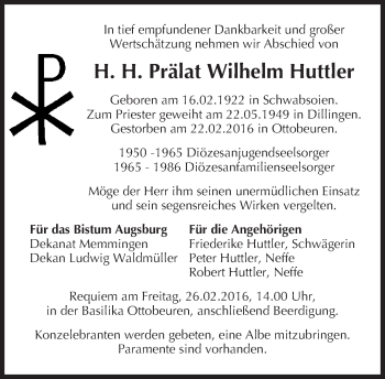 Todesanzeige von Wilhelm Huttler von merkurtz