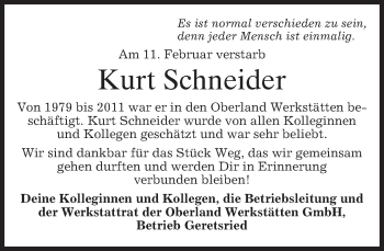 Todesanzeige von Kurt Schneider von merkurtz