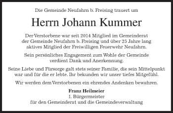 Todesanzeige von Johann Kummer von merkurtz