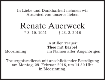 Todesanzeige von Renate Auerweck von merkurtz