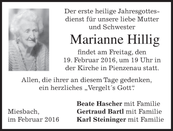 Todesanzeige von Marianne Hillig von merkurtz