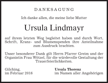 Todesanzeige von Ursula Lindmayr von merkurtz