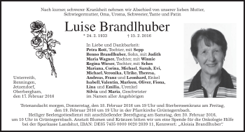 Todesanzeige von Luise Brandlhuber von merkurtz