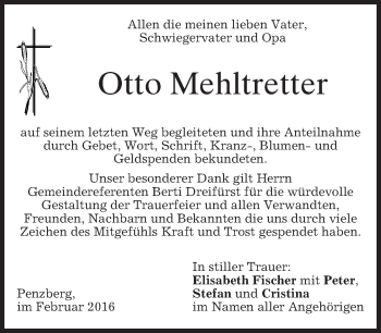 Todesanzeige von Otto Mehltretter von merkurtz
