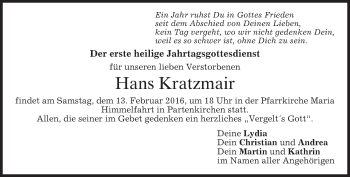 Todesanzeige von Hans Kratzmair von merkurtz