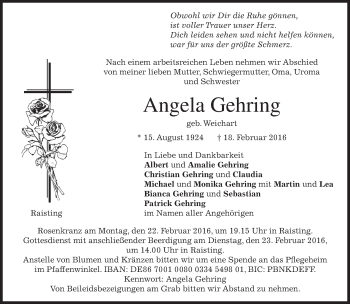 Todesanzeige von Angela Gehring von merkurtz