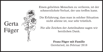 Todesanzeige von Gerta Füger von merkurtz