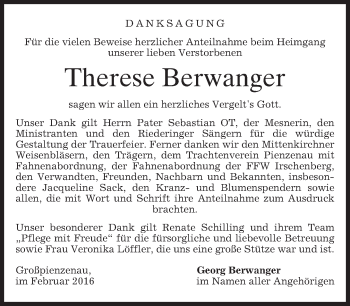 Todesanzeige von Therese Berwanger von merkurtz