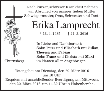 Todesanzeige von Erika Lamprecht von merkurtz