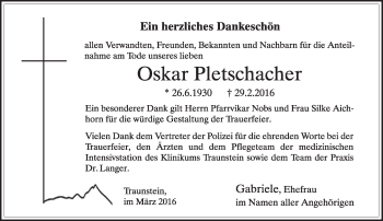 Todesanzeige von Oskar Pletschacher von merkurtz