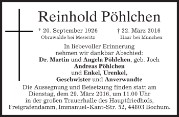 Todesanzeige von Reinhold Pöhlchen von merkurtz