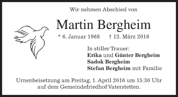 Todesanzeige von Martin Bergheim von merkurtz