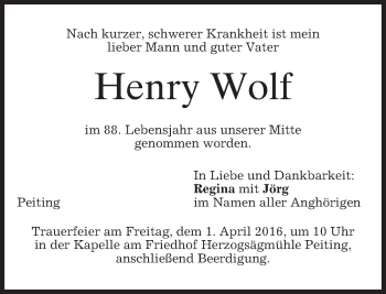 Todesanzeige von Henry Wolf von merkurtz