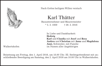 Todesanzeige von Karl Thätter von merkurtz