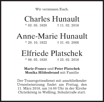 Todesanzeige von Anne-Marie Hunault von merkurtz