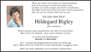 Todesanzeige von Hildegard Bigley von merkurtz