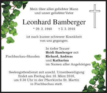 Todesanzeige von Leonhard Bamberger von merkurtz